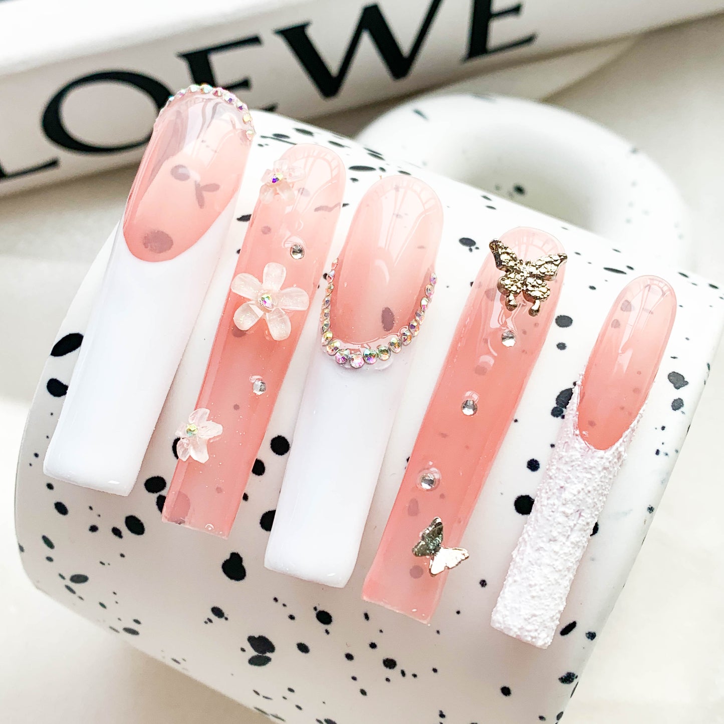 FC229 Pink and white French floral butterfly