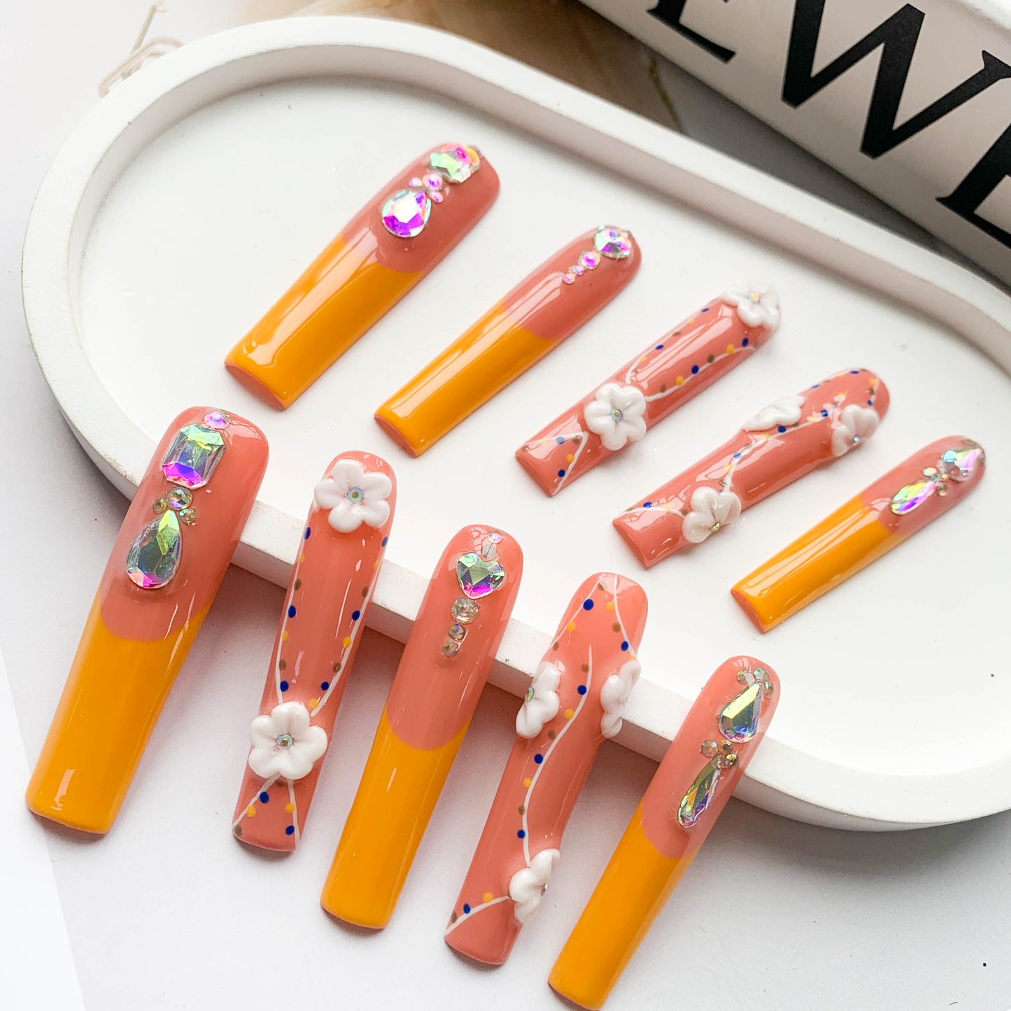 FC42 High quality carved color diamond orange nails