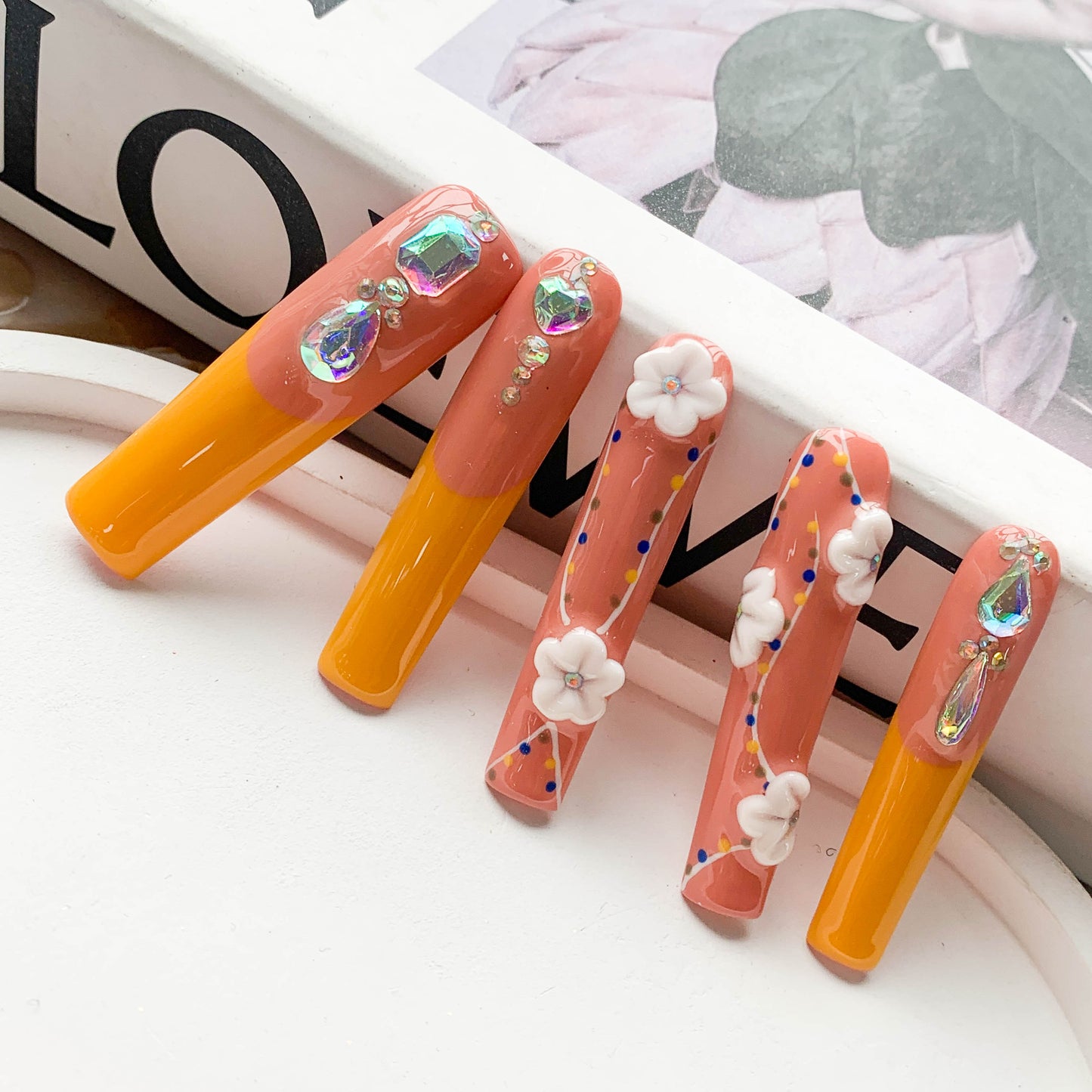 FC42 High quality carved color diamond orange nails